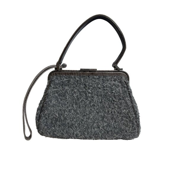 Ferre Vintage Italian Wool & Leather Handbag With Shoulder Strap Gray - Picture 3 of 7